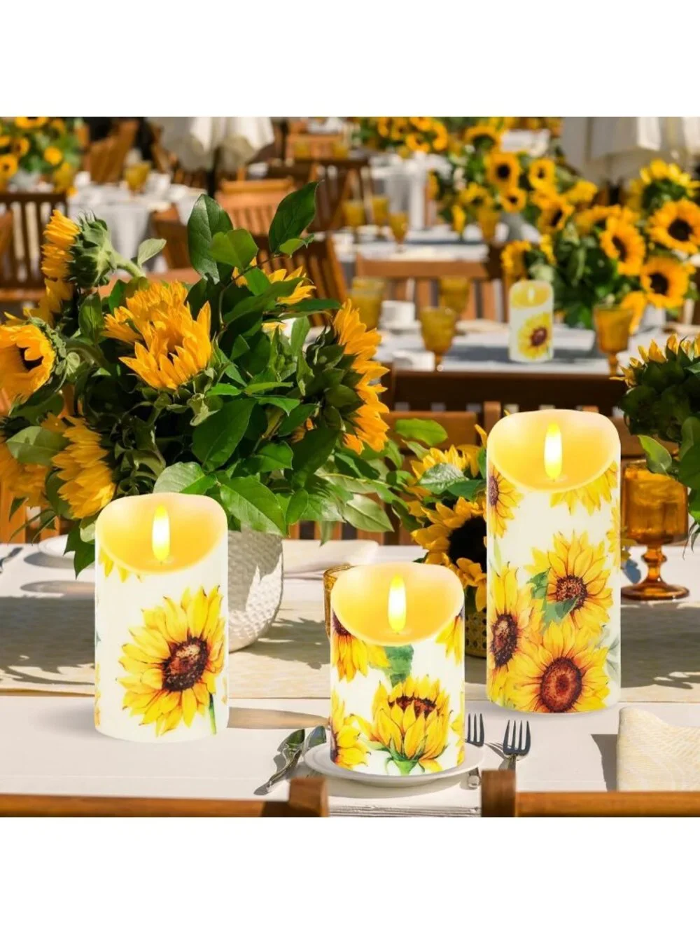 Set of 3 Sunflower Flameless LED Candles - Battery Operated Pillar Decor for